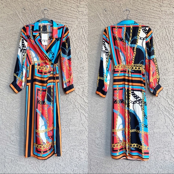 ZARA NWT BLOGGER FAVE Blue & Orange Chain Print Scarf Midi Shirt Dress Sz S - Picture 5 of 13